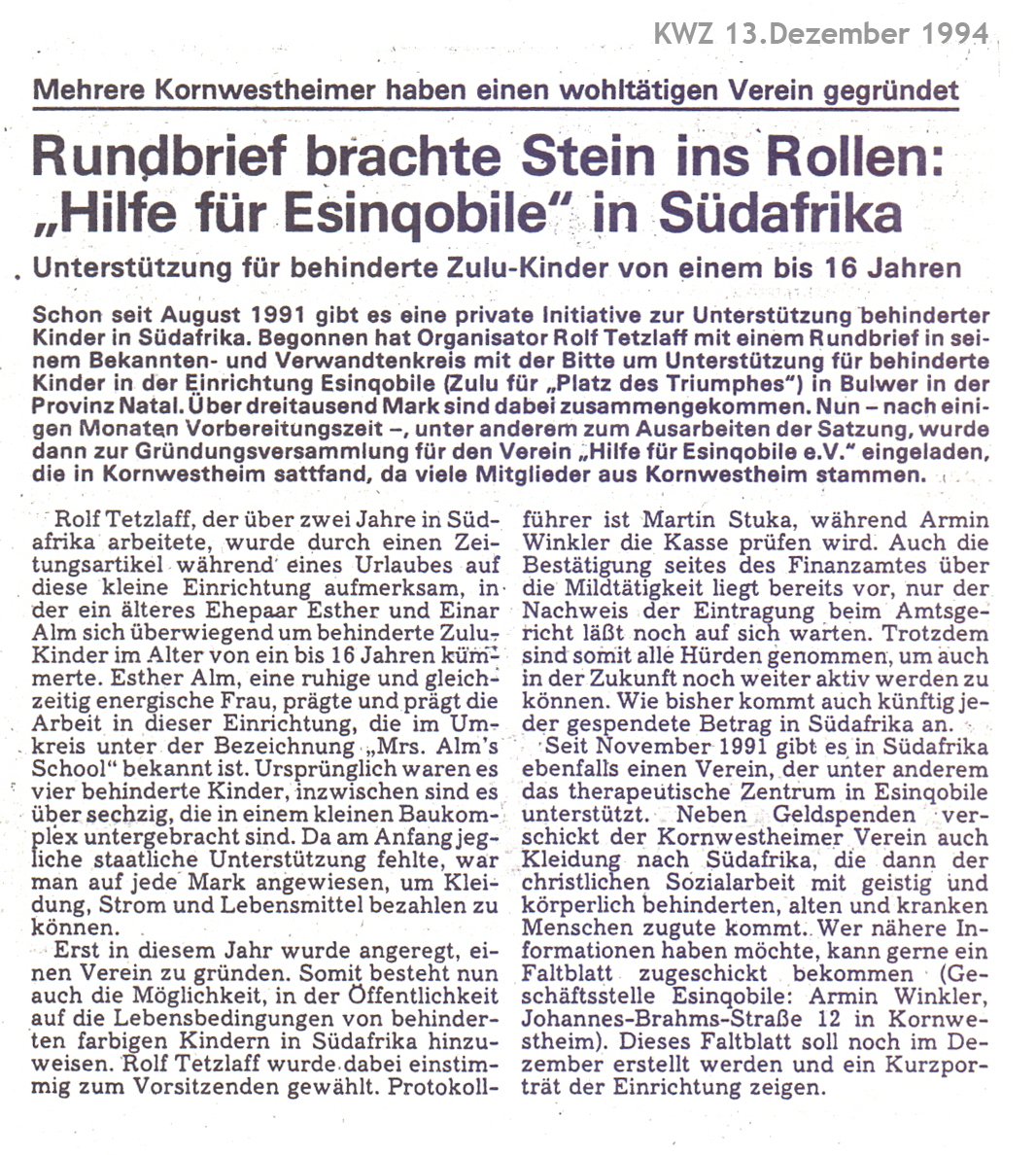 Erster Zeitungsartikel in der Kornwestheimer Zeitung
